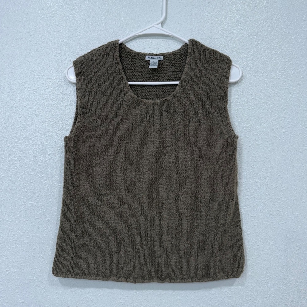 Silks‎ by I.S.C. Brown Silk Noile Knit Sweater Vest Scoop Neck Sleeveless 5693 L